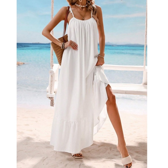 COPY - Boho White Shoulder Tie Ruffle Hem Flowy Maxi Dress - Picture 5 of 6